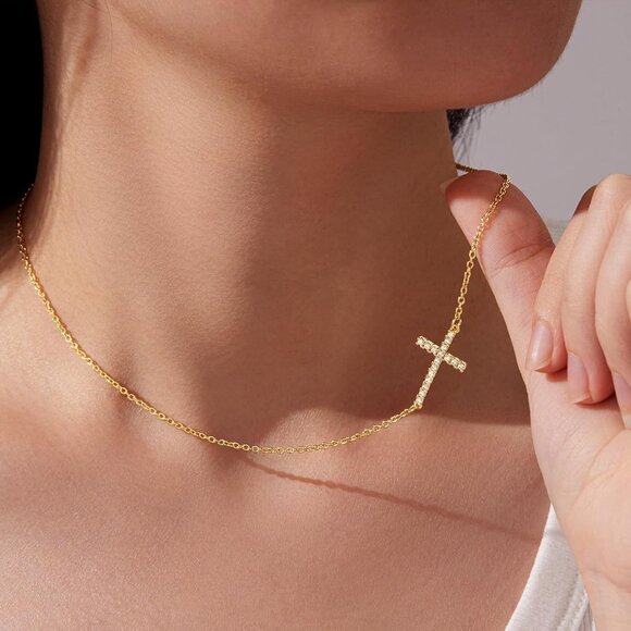 05 Sideway Cross Necklaces Women's Plated Dainty Silver Small Cross Pendant - Picture 2 of 9